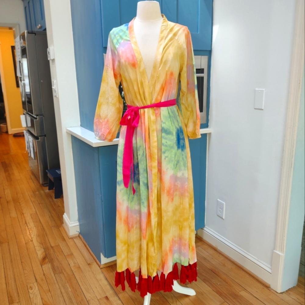RHODE Resort Lena tie dye rainbow fringe wrap robe dress M